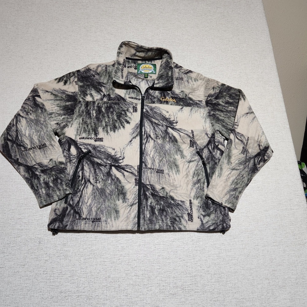 Cabela's Fleece Jacket Mens XL Gray Pine Camo Open Country Full Zip Outdoor